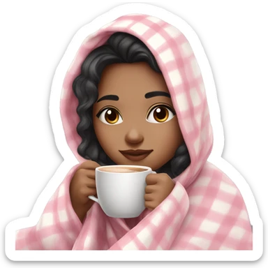 A cute black hair girl wrapped in pastel pink plaid blanket drinking coffee sticker