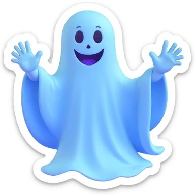 cartoon ghost, smiling, waving, light blue tint, playful style sticker