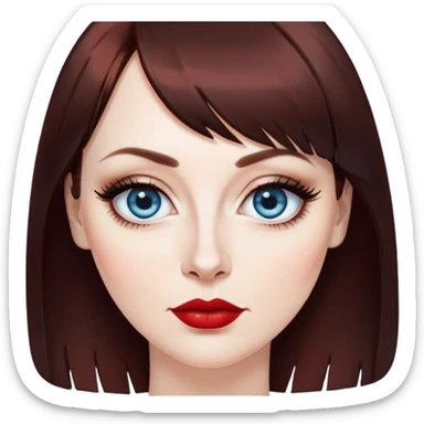 Artistic woman in her 40s with pale skin, oval face, large blue eyes with eyeliner, thin eyebrows, small nose, red lipstick, dark auburn hair with bangs, wearing a black top, mature creative expression sticker