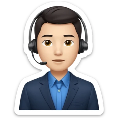 A young Asian man with smooth light skin, dark hair that swoops upward in the front, expressive eyes, a clean-shaven face, and a call-center style headset over one ear, usually paired with a crisp shirt and suit jacket visible from the chest up. sticker