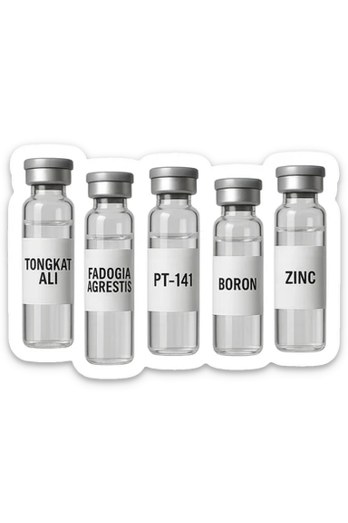 3 fiale mediche: Tongkat Ali, Fadogia Agrestis, PT-141, Boron e Zinco fluttuano in aria verticalmente sticker