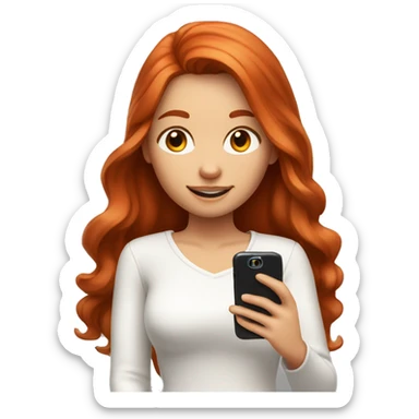 21-Year girl taking selfie in front of mirror. She has red hair, white cloth. She has phone in her hand. Phone has brown case. sticker
