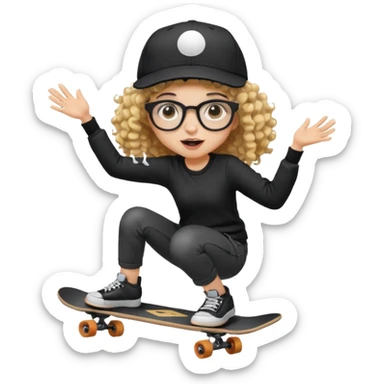 ["An excited girl with light skin, curly hair, wearing a baseball cap and square glasses, dressed in goth fashion, is skateboarding while holding a camera."] sticker
