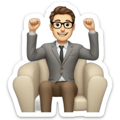 Joyful Celebrating victory Hands up Pale skinned Fit Man With dark brown hair in gray jacket, beige office shirt, Brown pants and vintage glasses sitting In a soft chair sticker