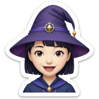 An Asian short-haired girl with short raven hair and bangs, with heterochromia eyed, eyeliner, and laughs with a tiny fang of mauve-toned lipstick, wears a dark navy wizard hat with an emblem on it. sticker