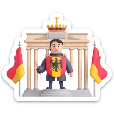 Add more German symbolism to the universal character in 3D style, including the German coat of arms, flag, and possibly the silhouette of the Brandenburg Gate or other recognizable German elements. Keep the 3D style and transparent background. sticker