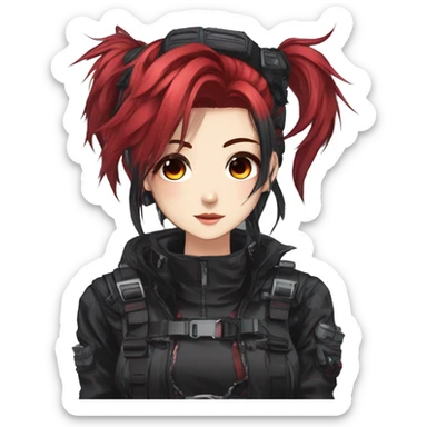 Gorgeous techwear anime style lady with blushing face aesthetic and pretty edgy black red punk hair with messy hair and collar  and harness trending style sticker