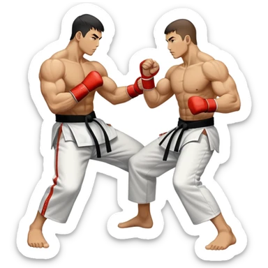 Round emblem symbolizing striking martial arts. The emblem features two fighters in dynamic stances, one delivering a powerful punch while the other defends with a block. In the center, a stylized fist and foot crossed to represent the essence of striking.  sticker