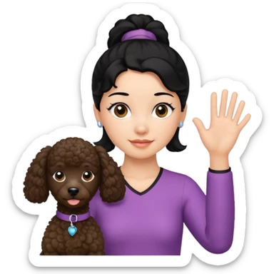 Ponytail black hair girl with brown Poodle say goodbye  sticker