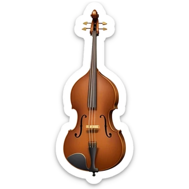 Create an elegant and refined emoji representing a double bass. The design should showcase the tall, curved wooden body of the double bass with its rich brown finish and visible details such as the tuning pegs, fingerboard, and bridge. Highlight the thick strings and the prominent scroll at the top of the neck. Add a bow resting near the instrument to emphasize its role in classical music. Use deep wood tones like chestnut brown and subtle gold or silver accents for the tuning pegs and strings. The background should be transparent. sticker