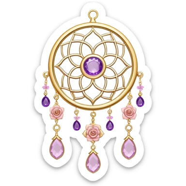 Epic beautiful gorgeous cute gold suncatcher, threads with shiny sparkly amethyst and rose-quartz gemstones, flowers,  sticker