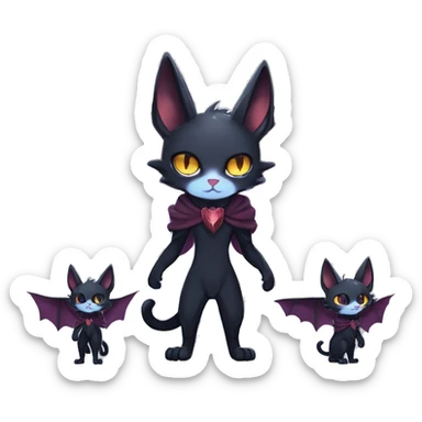   cool edgy beautiful anime-style ethereal dark-punk-themed animal vampiric cat-hybrid Fakemon with fangs and bat-wing-ears with a cape full body sticker