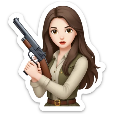 beautiful pale brunette girl with long hair with a gun sticker