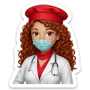 Sensual Spanish Lilith core evil surgeon.red outfit.  Surgeon has hazel eyes. Her hair is BROWN. Hair is also  long and  curly. wearing a sexy surgeon outfit with platform  heels.she is a calculated smart killer. She covers only her mouth and nose with silk scarf to hide identity  sticker
