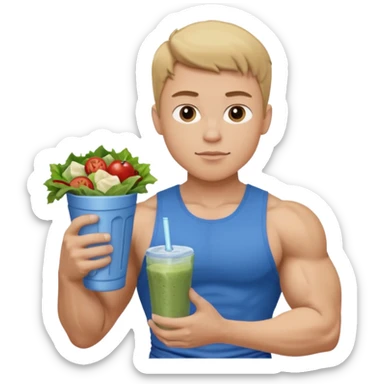 A young male person with a muscular, well-defined build. He has short dark blonde hair, a light skin tone, and a neutral facial expression. He wears blue cloth. He is holding a salad in one hand and a protein shake in the other. sticker