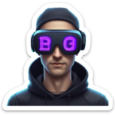 Russian man in the black hoody with violet letters "OMG VR" on it wearing vr headset. Cyberpunk style. blue neon. sticker