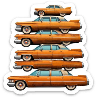 Cinematic realistic ultra HD - a pile of old vintage cadillac cars stacked in a pyramid sticker