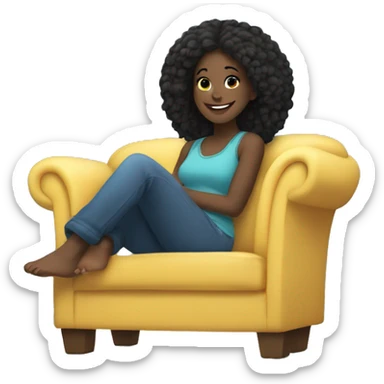 black girl, with straight hair, lounging on a comfy blue couch, with her feet up, looking relaxed, happy sticker