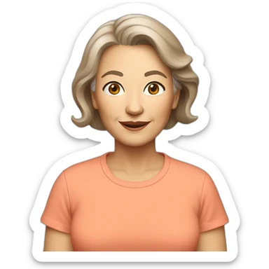 63 years old woman light brown hair with a salmon color T-shirt sticker