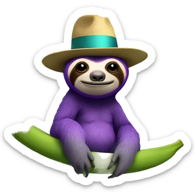 Purple sloth sitting on a banana tree wearing a bowler hat that is turquoise with an evil face  sticker