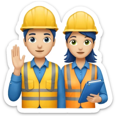 Um homem e uma mulher amarelos com capacete de obras ambos azul escuro e camisa social cinza com faixas refletivas verdes nos braços, Um deles deve estar segurando um megafone de avisos sticker