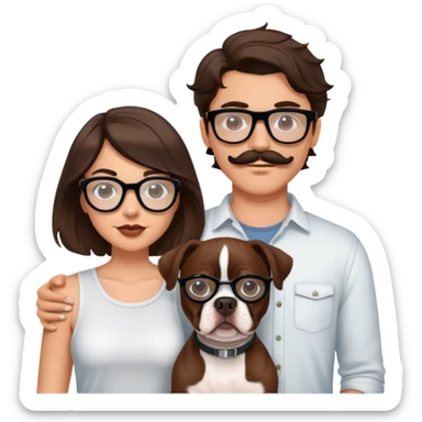 young hip cool couple wavy hair brunette man w wire glasses and mustache and brunette girl with bob and a brown pitbull boston terrier  sticker