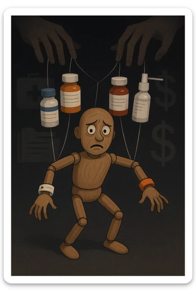 a marionette puppet with hospital bracelets and medication bottles as strings is controlled by unseen hands from above. The puppet’s face shows confusion and fatigue, representing the feeling of being managed by an invisible system. The background is dark, with faint images of medical charts and dollar signs. in italiano sticker