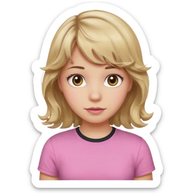 girl with wavy dirty blonde hair and wavy bangs, hazel eyes, white skin, pink cute shirt sticker