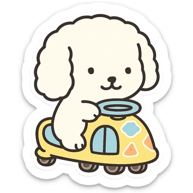 Create a WhatsApp sticker style image by removing the background and leaving only the cute dog in the cart. Add a white border around the dog and cart for a sticker effect. Keep the image clean and focused on the dog in the cart. sticker