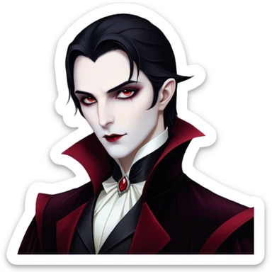 Cinematic Noble Vampire Portrait Emoji, Elegant and commanding, with a refined, pale visage framed by dark, velvet accents and a hint of crimson, exuding timeless seduction and dangerous allure, simplified yet exquisitely detailed, glowing with a soft nocturnal radiance and a subtle, mysterious outline that captures the regal spirit of an immortal lord of the night! sticker