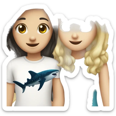 Blonde girl and brunette girl petting a whale shark  sticker