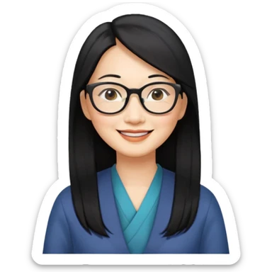 50 yr old asian woman, long straight black hair, side part, big glasses sticker
