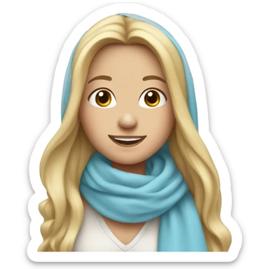 smiling girl with long blonde hair and light blue scarf loosely covering head  sticker