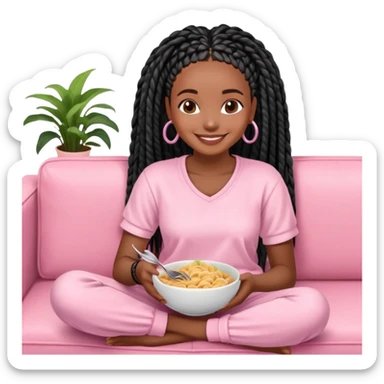 A dark-brown-skinned Black woman with black box braids, sitting on a pink couch, holding a bowl of pasta with a fork, smiling or enjoying the meal. She’s wearing casual, comfy loungewear, relaxed in a cozy setting. sticker