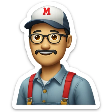 An Asian man with a beard and glasses, wearing an overalls and a button-up shirt and a dark cap with a red letter "M" design sticker