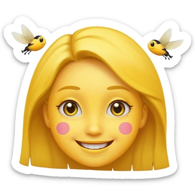 😊🥺 these emojis but with flies around it and its happy yellow face emoji black eyes like the 4th image but its cuter remove the nose make the eyes bigger and fully black and close its mouth make it smile girl whatever sticker