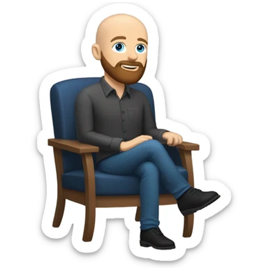 Bald, Caucasian, sky-blue-eyed, Psychotherapist in a modern colorful chair. He has a brown full beard and he’s Wearing a black dress shirt with a subtle pattern, blue jeans and black Chelsea boots with his legs separted leaning forward grey in goatee sticker
