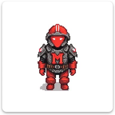 military person in black and red armor, wearing a black flag on back with red letter M in center sticker