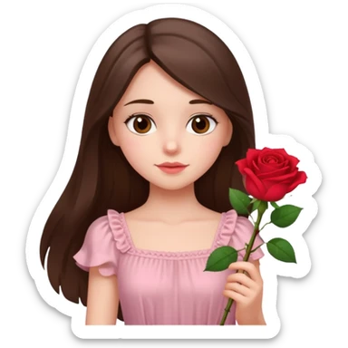 white brunette girl long hair with hazel eyes in light pink dress holding a flower sticker