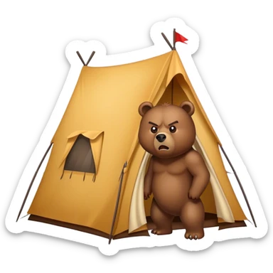 an angry bear outside of a tent looking at the tent sticker