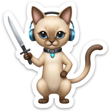 A Siamese cat with headphones stands on its hind legs, hides a knife behind its back and grins suspiciously sticker
