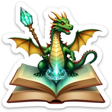 Icon for Fantasy and Sci-Fi Literature: a magical book with glowing pages, surrounded by a dragon, a spaceship, and a wizard with a staff. The icon should capture the adventurous and imaginative world of fantasy and science fiction. Transparent background. sticker