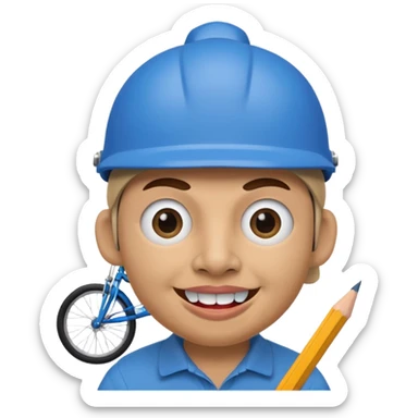 A round head puppet with 2 buck teeth a blue bike helmet and a round nose with a pencil in it also he has a unibrow and blue eyes sticker
