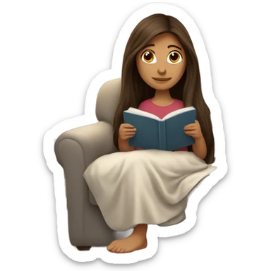 Brunette straight long haired girl reading a book on a couch with a side table that has a lamp on it. She is under a blanket, cozy and comfortable sticker