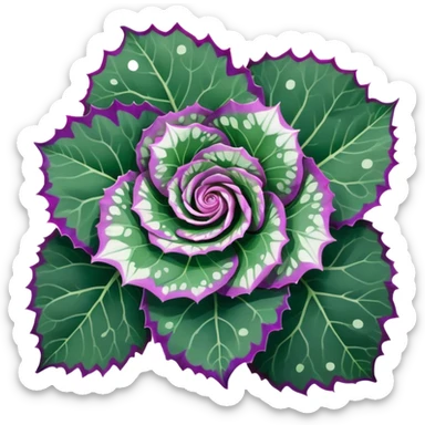 Close-up of Begonia Rex leaf center showing spiral growth pattern, dark green leaf with purple edges and white spots sticker