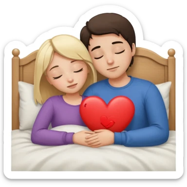 cuddling in bed, asleep. blonde girl. brunette man. eyes closed. heart between them. no headboard sticker