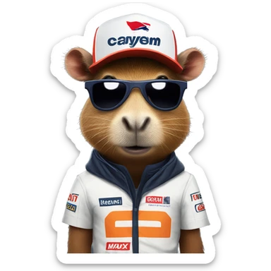 capybara dressed in a max verstappen outfit with a poster of him sticker