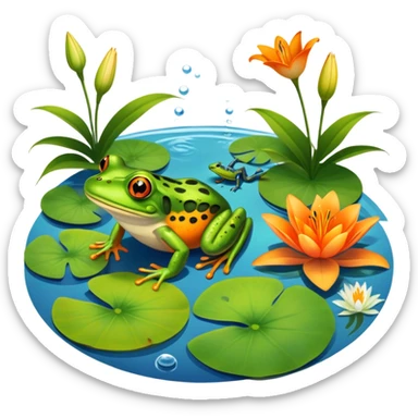 Icon for Amphibians: A colorful collage featuring a frog sitting on a lily pad, a salamander crawling on the ground, and a newt swimming in water. The background features lily flowers and a calm pond setting. Transparent background. sticker