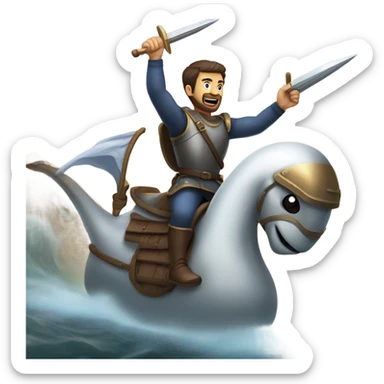 Confident armored White Man with dark brown hair and a short beard pointing forward with one arm yelling a battle charge while riding on the back of a giant armored duck sticker