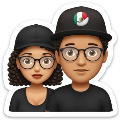 A picture of a cute tanned couple. the man is Mexican, with a bald hair cut wearing a SnapBack hat and a black shirt. the woman is mixed, she has curly longer dark brown hair, thicker and with big boobs and the woman has glasses sticker